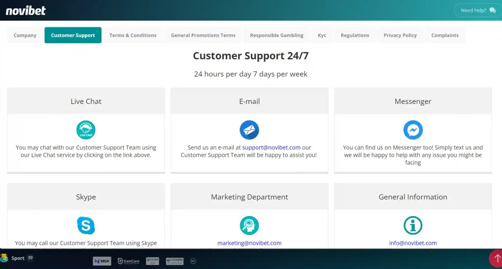 novibet customer support
